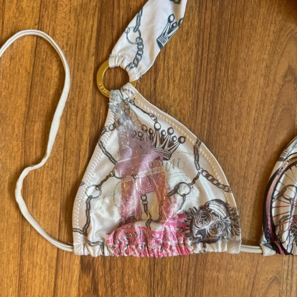 CHRISTIAN AUDIGIER Ed Hardy Vintage Y2K White Pink Blue Paris Bike Bikini Set - Picture 3 of 15